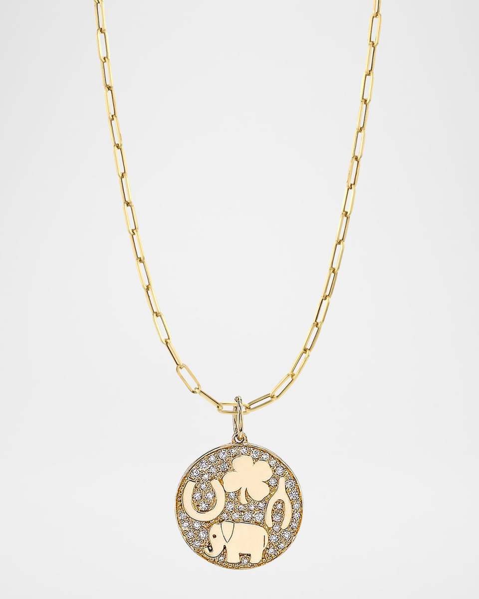14K Luck Tableau Pave Medallion Necklace with Elongated Cable Chain